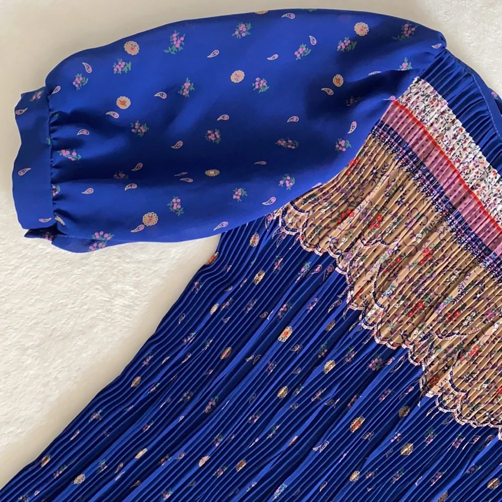 Vintage | Puff Sleeve Accordion Pleat Drop Waist Midi Dress Blue Floral Boho - Picture 5 of 16